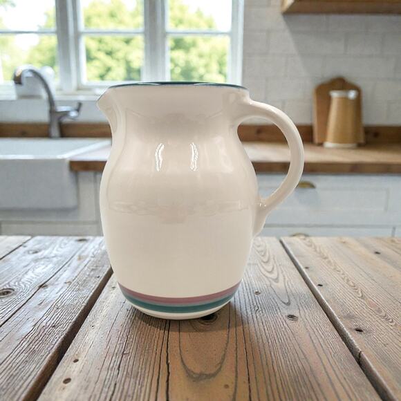 Pfaltzgraff Juniper Large Pitcher 2 Qt Stoneware Cream Teal Plum Band 6 5/8" - Picture 1 of 9
